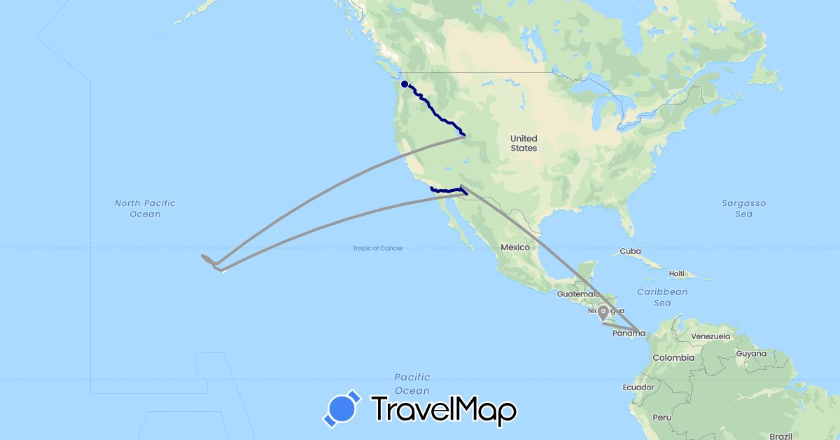 TravelMap itinerary: driving, plane in Costa Rica, Panama, United States (North America)