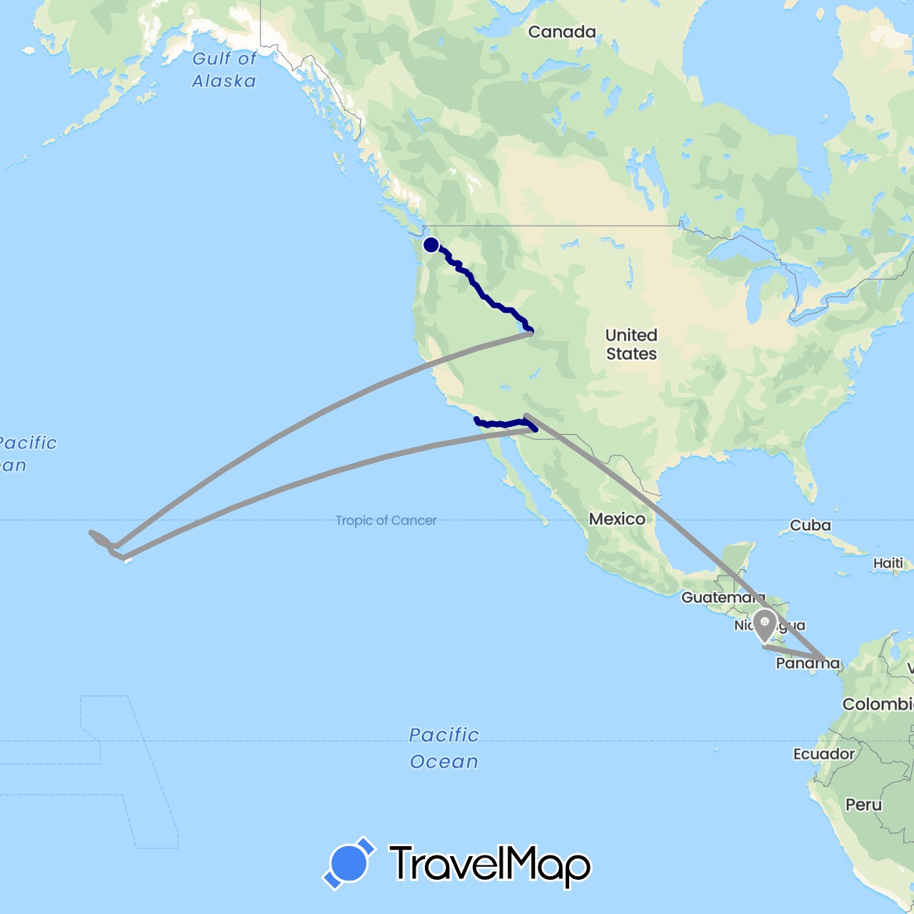 TravelMap itinerary: driving, plane in Costa Rica, Panama, United States (North America)