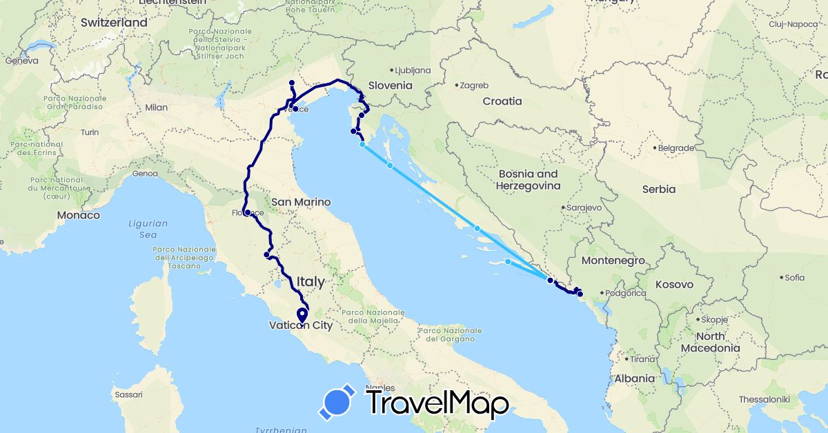 TravelMap itinerary: driving, plane, boat in Croatia, Italy, Montenegro (Europe)