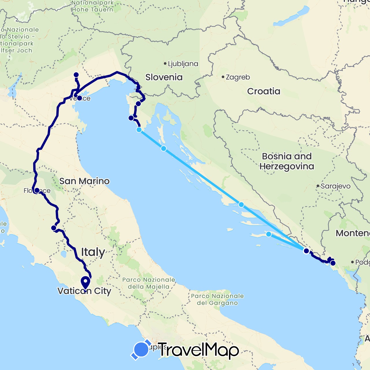 TravelMap itinerary: driving, plane, boat in Croatia, Italy, Montenegro (Europe)