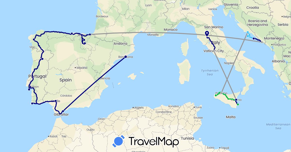 TravelMap itinerary: driving, bus, plane, boat in Spain, Croatia, Italy, Portugal (Europe)