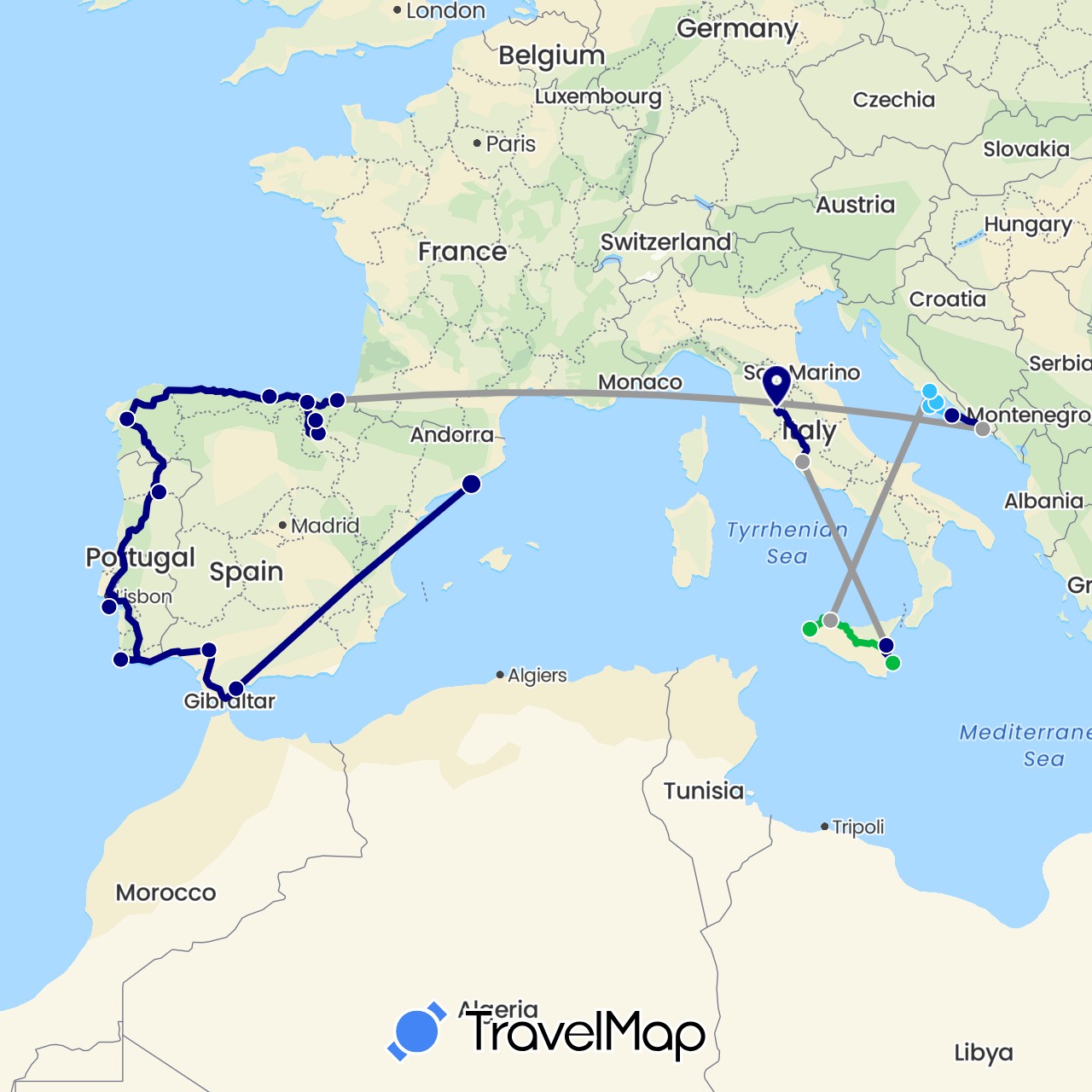TravelMap itinerary: driving, bus, plane, boat in Spain, Croatia, Italy, Portugal (Europe)