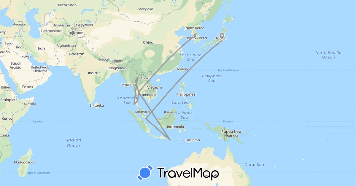 TravelMap itinerary: driving, plane in Indonesia, Japan, South Korea, Singapore, Thailand (Asia)