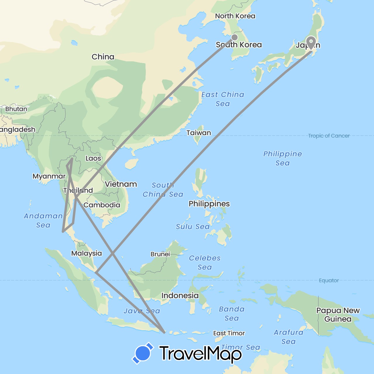 TravelMap itinerary: driving, plane in Indonesia, Japan, South Korea, Singapore, Thailand (Asia)