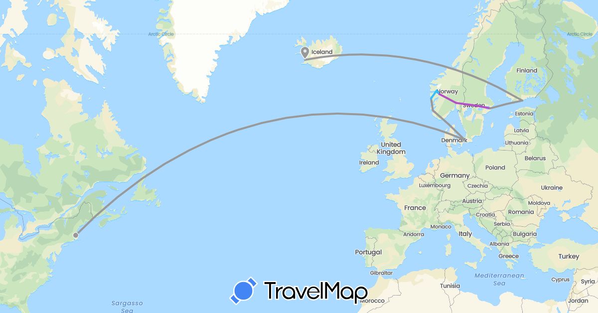 TravelMap itinerary: driving, plane, train, boat in Denmark, Finland, Iceland, Norway, Sweden, United States (Europe, North America)