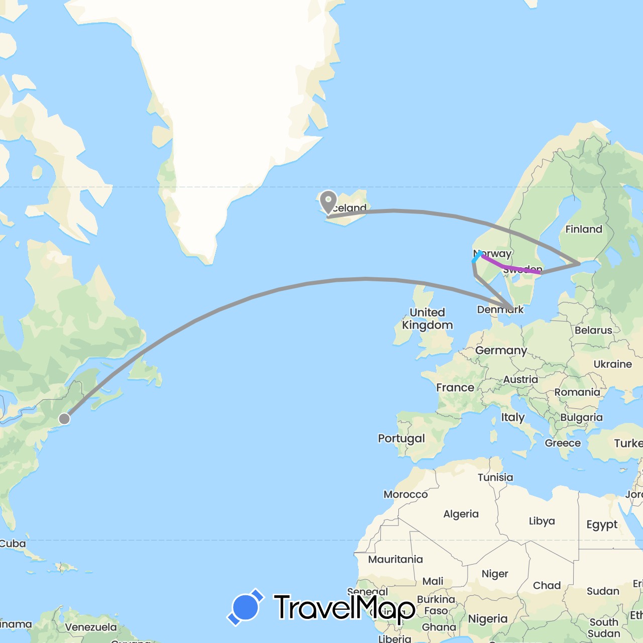 TravelMap itinerary: driving, plane, train, boat in Denmark, Finland, Iceland, Norway, Sweden, United States (Europe, North America)