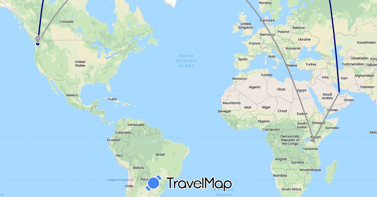 TravelMap itinerary: driving, plane in Kenya, Qatar, United States (Africa, Asia, North America)