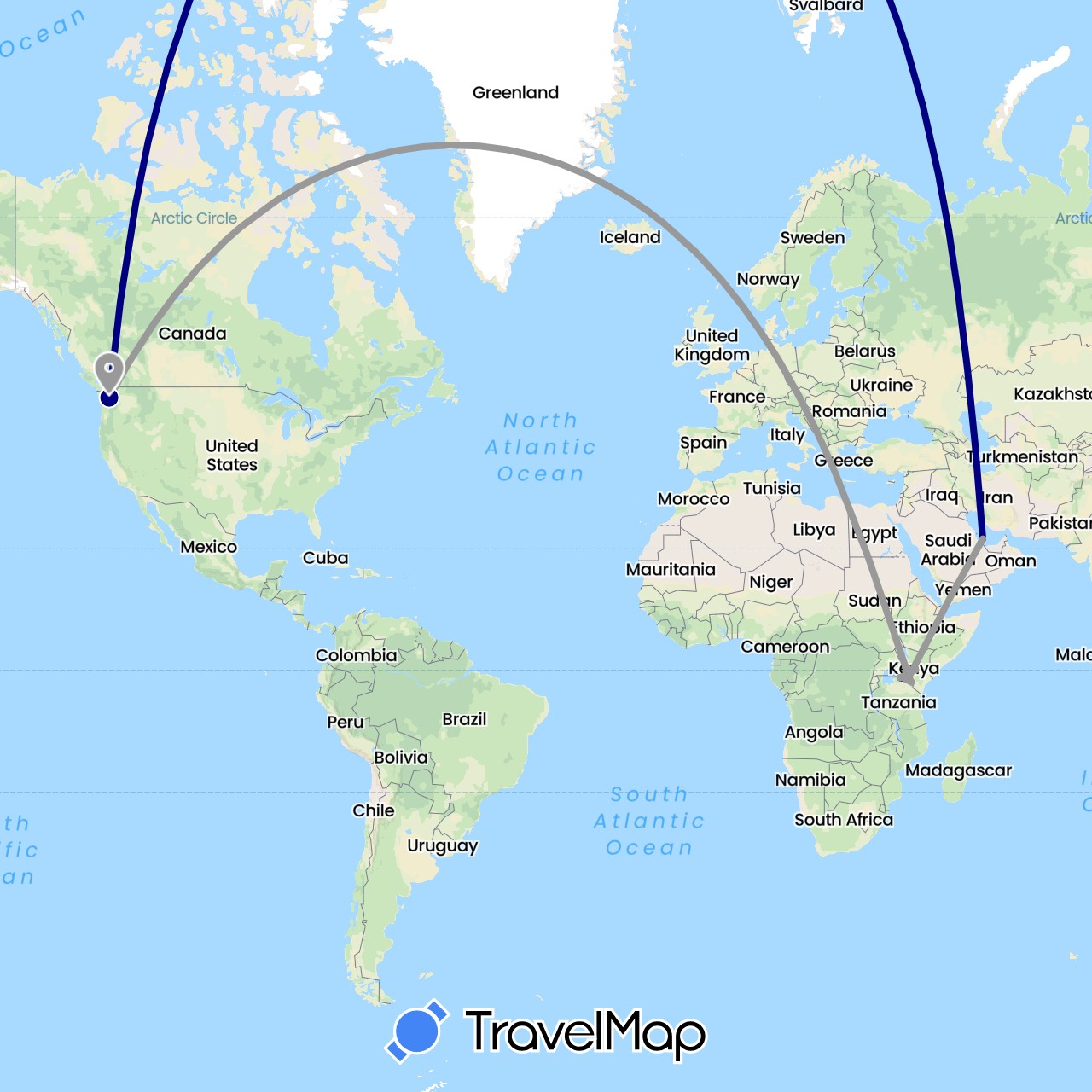 TravelMap itinerary: driving, plane in Kenya, Qatar, United States (Africa, Asia, North America)