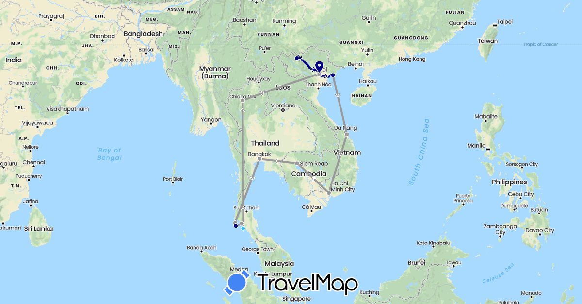 TravelMap itinerary: driving, plane, boat in Cambodia, Thailand, Vietnam (Asia)