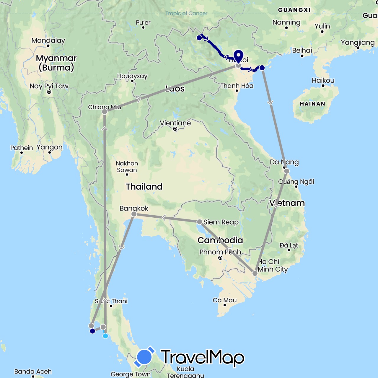 TravelMap itinerary: driving, plane, boat in Cambodia, Thailand, Vietnam (Asia)