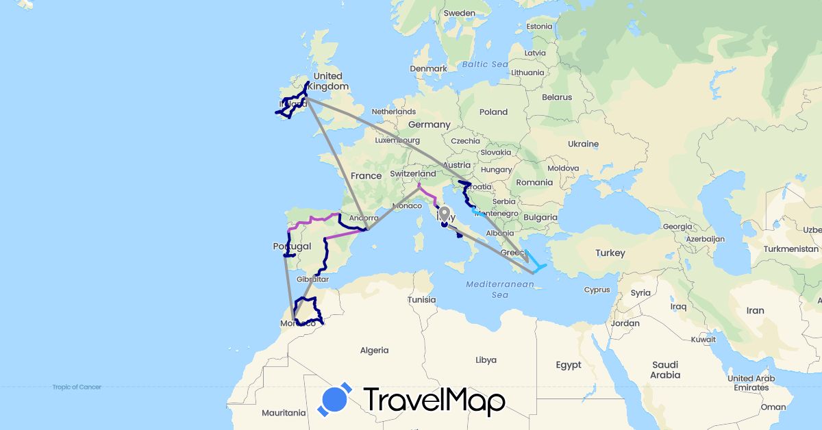 TravelMap itinerary: driving, plane, train, boat in Spain, United Kingdom, Greece, Croatia, Ireland, Italy, Morocco, Portugal, Slovenia (Africa, Europe)