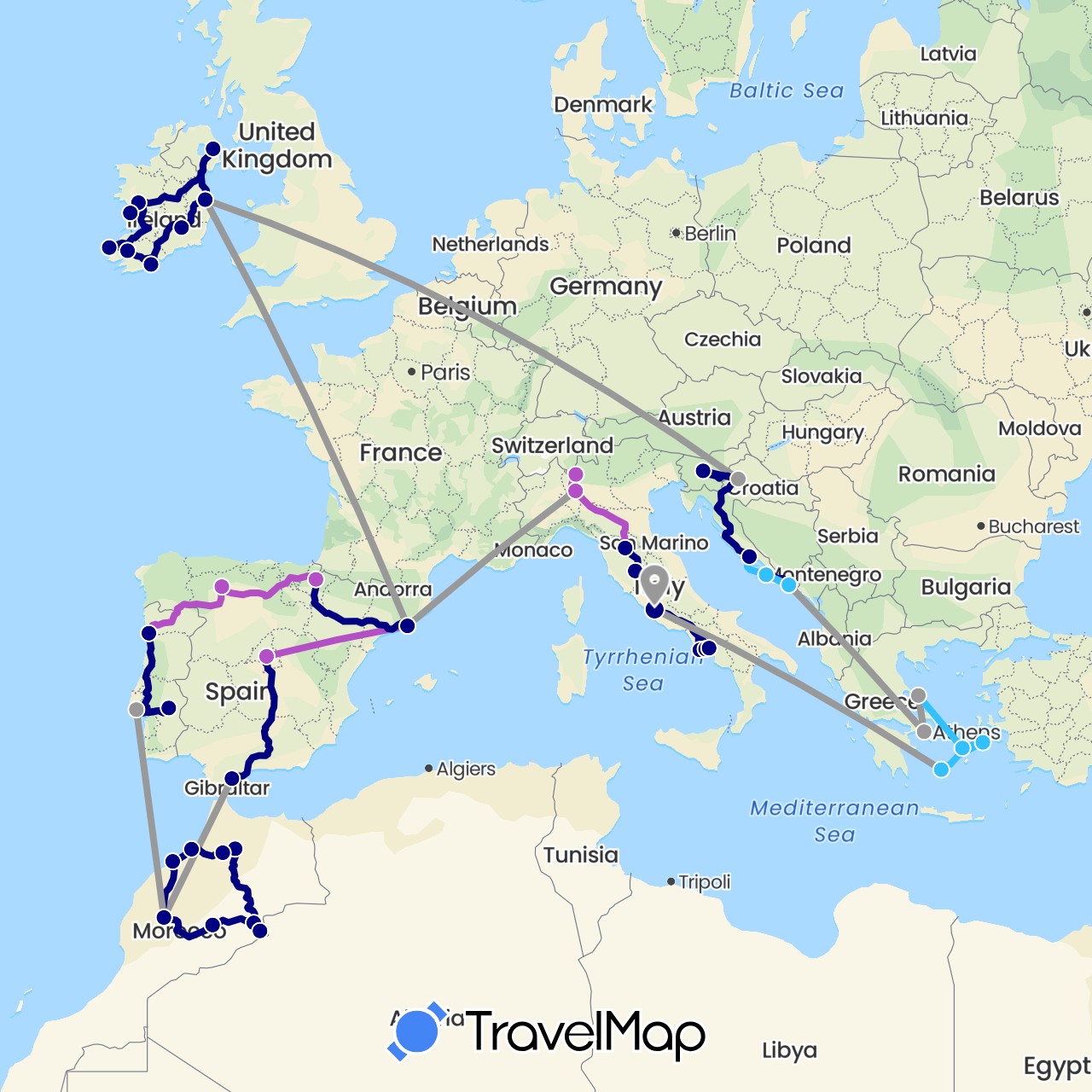 TravelMap itinerary: driving, plane, train, boat in Spain, United Kingdom, Greece, Croatia, Ireland, Italy, Morocco, Portugal, Slovenia (Africa, Europe)